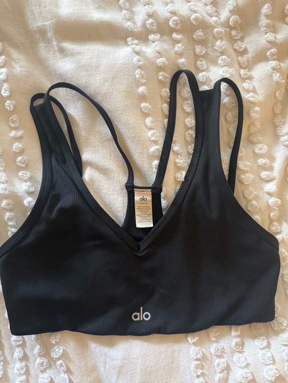 ALO Yoga Black Ribbed V-Neck Dual-Strap Sports Bra